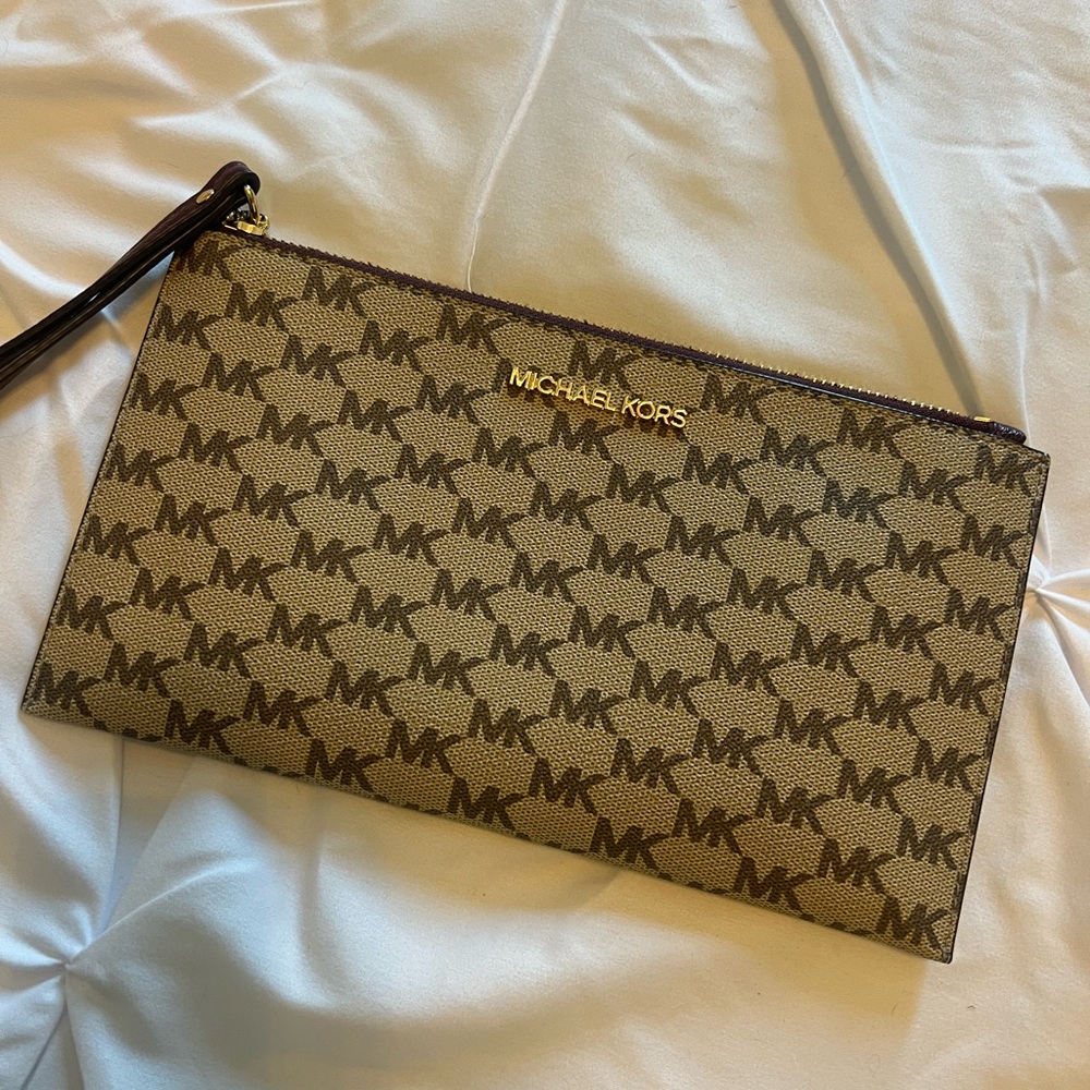 Michael Kors Tan and Brown Logo Wristlet